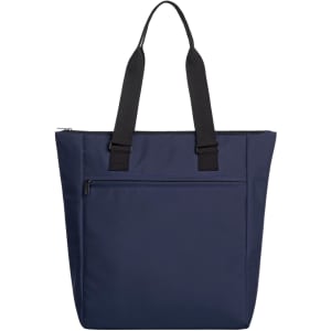 A navy blue tote bag with black straps and a front zip pocket, featuring branding on the fabric.