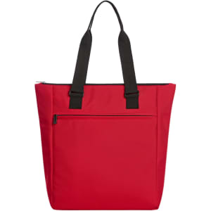 A red cooler bag with black handles and a zippered pocket on the front, featuring a branding logo.