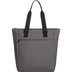 A grey tote cooler bag with black straps, featuring a zippered front pocket and a logo.
