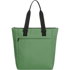 A green cooler bag with black straps and a front zipper pocket, featuring a logo.