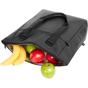 A black cooler bag containing bananas, red apples, and a green apple, with sturdy handles for easy carrying.
