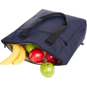 A navy cooler bag with handles, filled with apples and bananas. The interior is insulated.