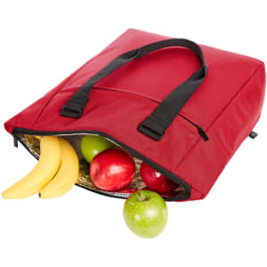 A red cooler bag with black handles, filled with bananas and apples. It features an insulated interior.