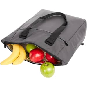 A cooler bag in grey, partially filled with apples and bananas, featuring sturdy black handles.