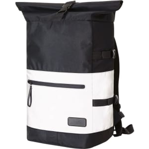 A black and white Reflex Notebook Backpack L with a roll-top design and an external zip pocket. Includes a logo.