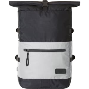 A black and grey Reflex Notebook Backpack L with a roll-top design and front zip pocket, featuring adjustable straps and a logo.