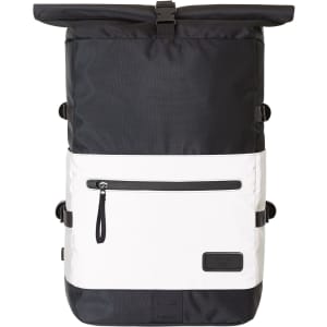 A black and white laptop backpack featuring a roll-top design, adjustable straps, and a front zippered pocket.