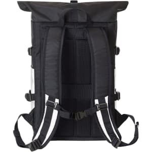 A black laptop backpack with adjustable straps and a roll-top design, featuring mesh padding for comfort and support.