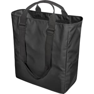 A black tote bag with sturdy handles and a spacious interior, featuring a simple design.