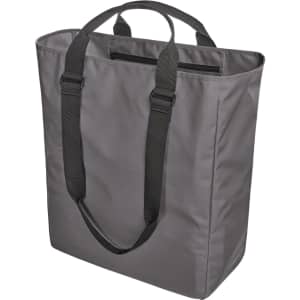 A grey tote bag with dual straps and a zippered top, featuring a simple design and logo.