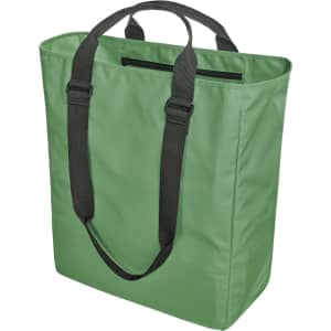 A green tote bag with black straps and a zippered pocket. The bag has a simple design and includes branding.