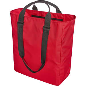 A red tote bag with black straps and a zippered top, featuring a simple design and a logo.