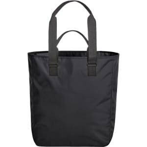 A black tote bag with two sturdy handles and a spacious interior, featuring a logo on the front.