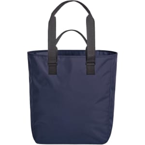 A navy tote bag with two black handles and a simple design, featuring a branding logo.