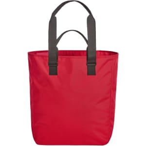 A red tote bag with black straps and a simple design. It features a logo on the front.