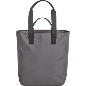 A grey tote bag with two black handles and a simple design. It features a logo on the front.