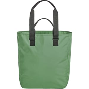A green tote bag with sturdy black handles and a simple design. It features a branding logo.