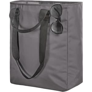 A grey tote bag with black handles, featuring a pair of sunglasses resting on top. The bag has a logo.