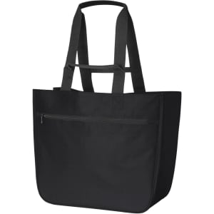 A large black tote bag with two handle straps and a front zip pocket, featuring a logo.