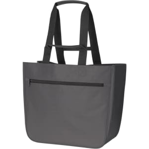 A grey Softbasket Shopper bag with long straps and a zippered front pocket, featuring branding on the side.