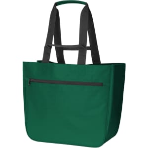 A green Softbasket Shopper bag with grey straps and a front zip pocket. It has a simple, minimalist design and logo.
