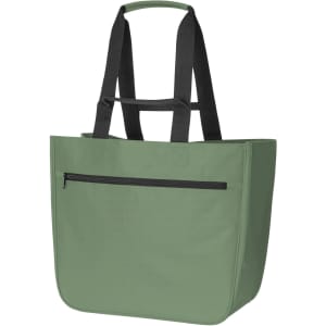A green tote bag with black straps and a front zip pocket. It has a simple design and includes a logo.