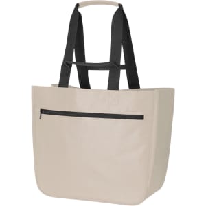 A large beige tote bag with black straps and a zippered front pocket, featuring a logo.