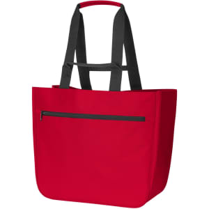 A red tote bag with black straps and a zippered front pocket. Features a sturdy design and branding present.