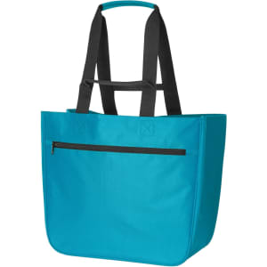 A turquoise tote bag with black handles and a zipped front pocket. It features a logo.