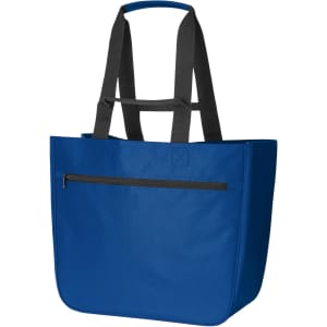 A blue tote bag with black straps and a front zipper pocket, featuring a logo.
