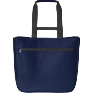A navy blue shopper bag with dual grey handles and a zippered front pocket, featuring branding.