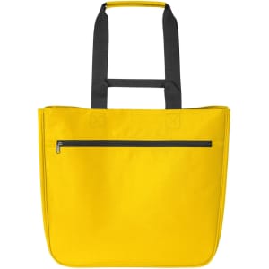 A yellow tote bag with black handles and a zippered pocket on the front. It includes a logo.