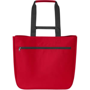 A red Softbasket Shopper bag with black handles and a zip pocket on the front. It has a simple logo.