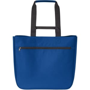 A blue tote bag with black handles and a zippered pocket on the front. It features a logo.