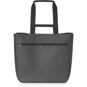 A grey tote bag with two shoulder straps and a zippered pocket on the front. It features a logo.
