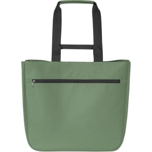 A large soft green shopper bag with black handles and a zippered front pocket. It features a logo on the surface.