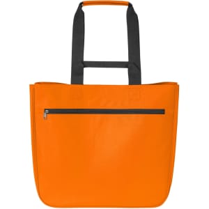 An orange tote bag with black handles and a front zip pocket, featuring a brand logo.