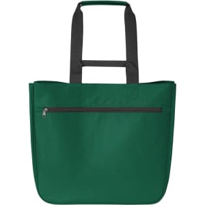 A green tote bag with black handles and a zippered front pocket. Features a branding logo.