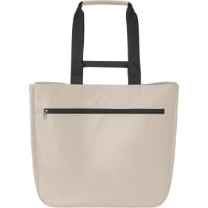 A beige tote bag with black handles and a zippered front pocket, featuring a logo.