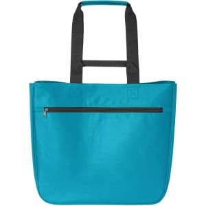 A turquoise tote bag with black handles and a zippered pocket on the front. It has one visible logo.
