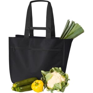 A black tote bag with long handles, containing zucchini, cauliflower, a yellow bell pepper, and leeks.