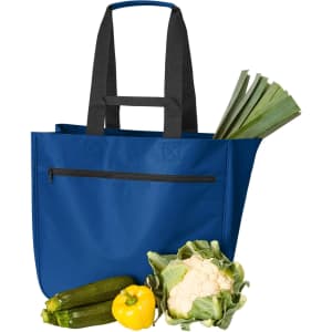 A blue tote bag with black straps, featuring vegetables including cauliflower, zucchini, leeks, and a yellow pepper.