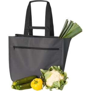 A grey shopper bag with two sturdy handles, alongside fresh vegetables like cauliflower, zucchini, and leeks.