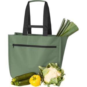 A green Softbasket Shopper bag filled with leeks, cauliflower, zucchini, and a yellow bell pepper.