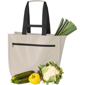A grey tote bag with black straps, filled with zucchini, cauliflower, a yellow pepper, and leeks.