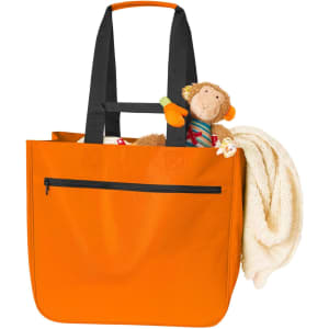 An orange tote bag with black handles, featuring a toy monkey and a white blanket inside. It has a zippered pocket.