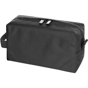 A black toiletry bag with a rectangular shape, zipped closure, and a side handle. It features a logo.