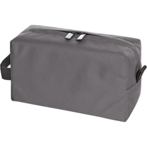 A grey toiletry bag with a zip closure, featuring a handle and two zip pullers. It has a simple design and a branding logo.