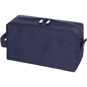 A navy toiletry bag with a rectangular shape, featuring a zipper closure and a carry handle. Includes a logo.