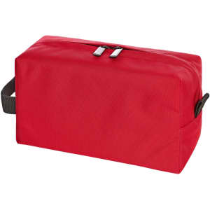 A red toiletry bag with a grey handle and double zipper closure. It features a plain design and a small logo.